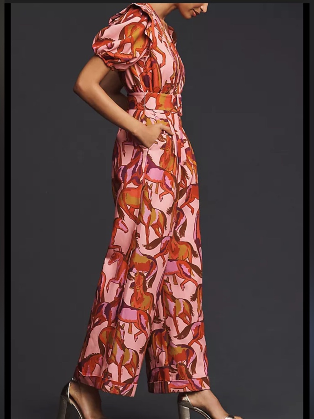 FARM Rio Pink Multicolor Horse-Print Puff-Sleeve Belted Jumpsuit - Picture 4 of 10